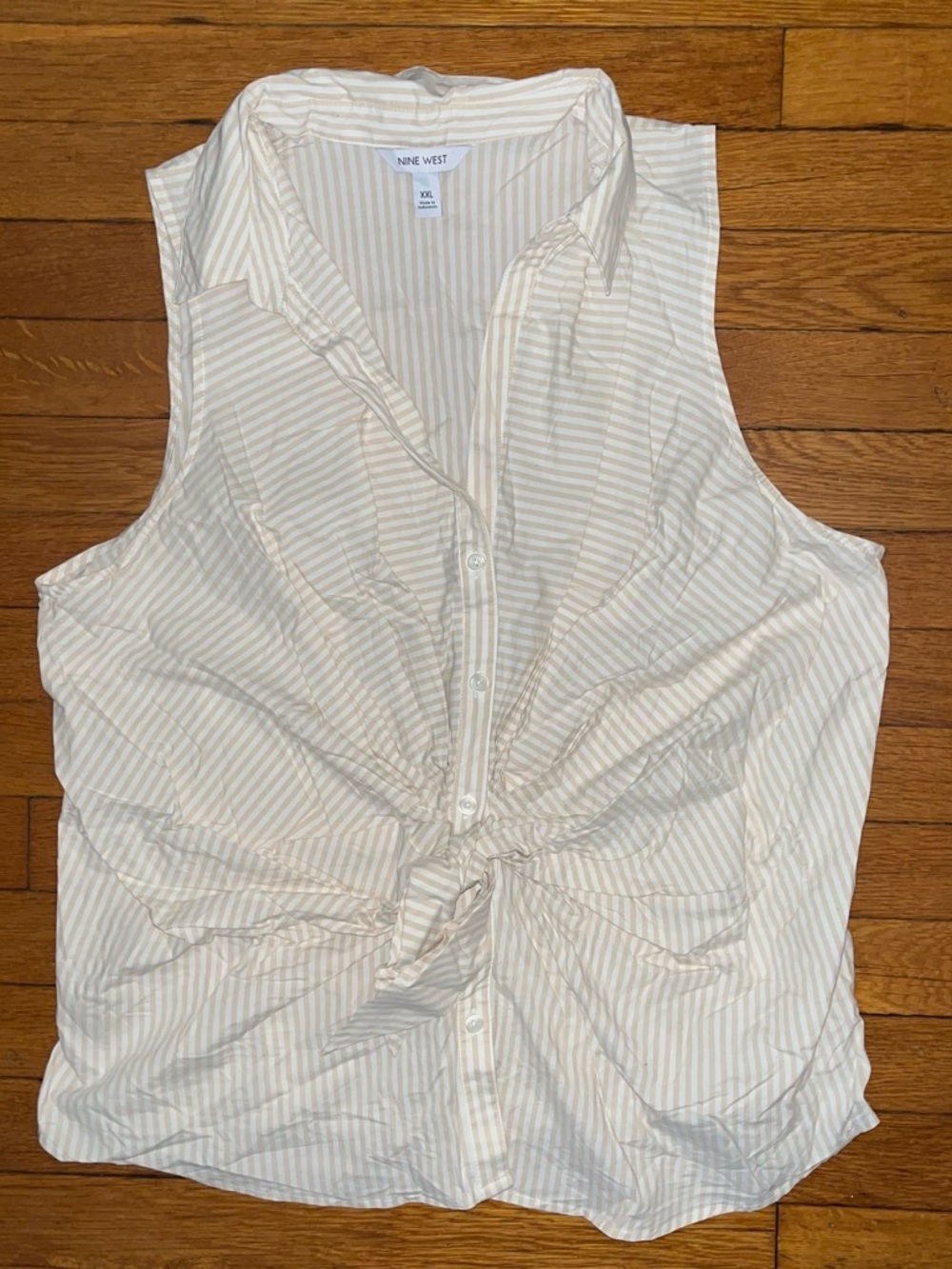 Nine West Cream and Beige Striped Sleeveless Tie-Front Blouse